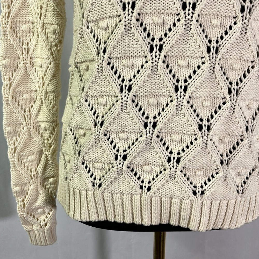 Tommy Hilfiger Cream Chunky Loose Pom Pom Knit Long Sleeve Cotton Sweater - Picture 8 of 16